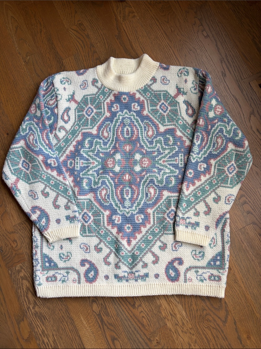 Vintage Womens Alfred Dunner Cream Patterned Crewneck Sweater XL